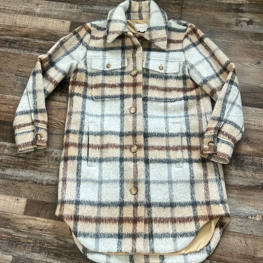 Loft Plaid Wool Blend Shirt Tail Coat. Size Small